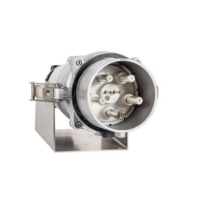 CEE vægindtag 250A 6h IP67 3P+N+PE i robust metal med synlige kontakter og monteringsbeslag på hvid baggrund.