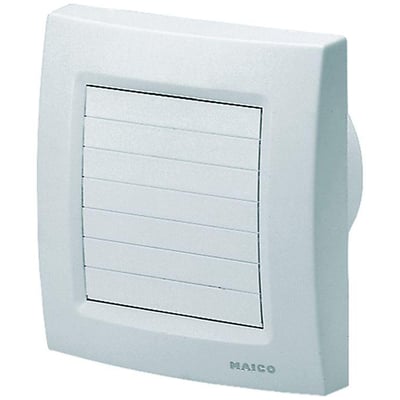 Maico Ventilatoren ECA 120 KVZ hvid ventilator med timer og elektrisk jalousi, vist fra siden.