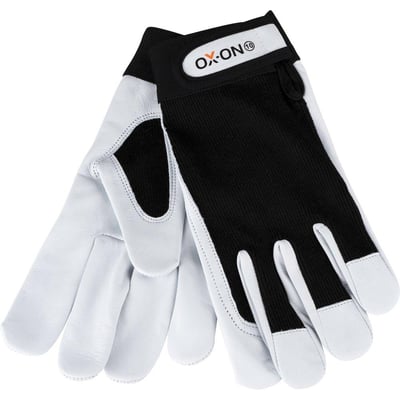Et par Worker Comfort 2310 teknikerhandsker med hvid gedeskind og sort bagside, viser velcro-luk ved håndleddet.