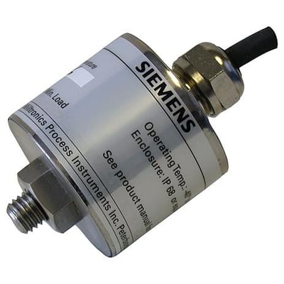 Siemens Sitrans AS100 akustisk sensor til flowdetektion med mærkat, kabel og monteringsgevind.