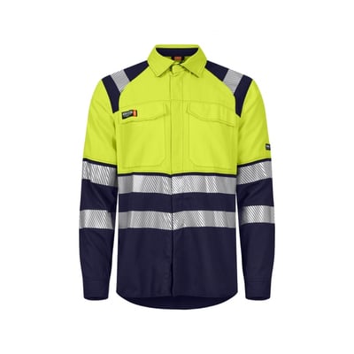 Tranemo Workwear FR skjorte i gul/marine, str. L, med to brystlommer og reflekterende detaljer for øget synlighed.