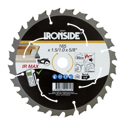 Ironside rundsavklinge til træ, 165 mm med 24 tænder, set forfra med sort og sølvfarvet tryk.