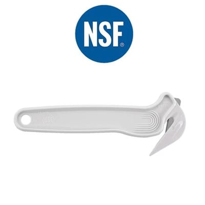 PHC hvid fødevaregodkendt skærer med NSF-certificering, ideel til madservice og produktion på hvid baggrund.