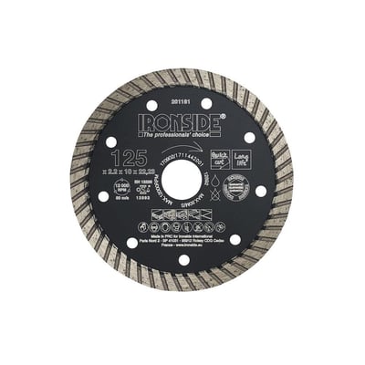 Ironside diamantklinge på 125 mm med turbosegmenter, vist forfra med sort skive og segmenteret skærekant.