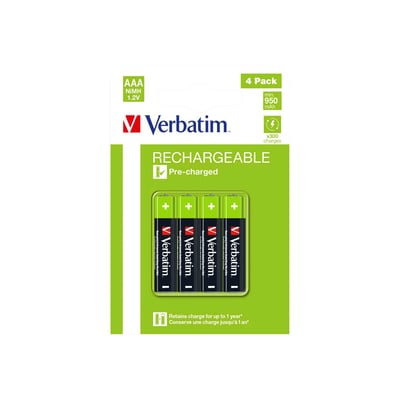Verbatim genopladelige AAA-batterier, 4 stk i pakke, med angivelse af 1,2V NiMH og 950 mAh.