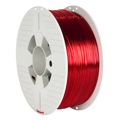 Verbatim PET-G filament til 3D printer på en hvid spole, 1 kg, 1.75mm, i en klar rød transparent farve.