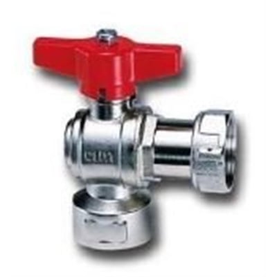 Cimberio kuglehane med vinkel og rødt T-greb, 3/4" x 3/4", egnet til drikkevand, varme og køl.