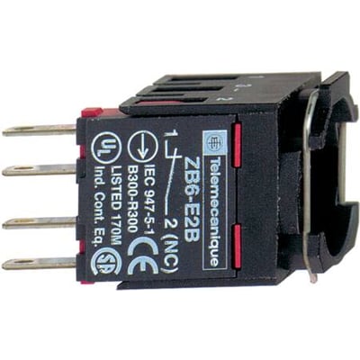 Schneider Electric kontaktkrop ZB6-E2B med 1 slutte og loddepin-terminaler, vist fra siden på hvid baggrund.