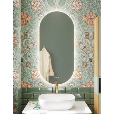 Dansani Corona ovalt spejl på 105x50 cm med indbygget lysstyring og justerbar lysfarve monteret over hvid porcelænsvask.