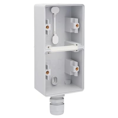 Niko stænktæt underlag til 2 moduler, grå. Viser indvendige monteringspunkter, M20 kabelforskruning og IP55 klassificering.