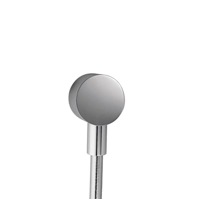 Nærbillede af Hansgrohe Axor Starck Fixfit slangeudtag, viser det runde kromdæksel og den tilsluttede slange.