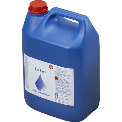 Antalis Klorrens 5L blå plastdunke med rød skruelåg, til effektiv desinfektion af mange overflader.