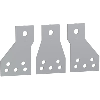 Schneider Electric spreder til TeSys G630-800A kontaktorer, vist med tre monteringsenheder med 80mm tilslutning og monteringshuller.