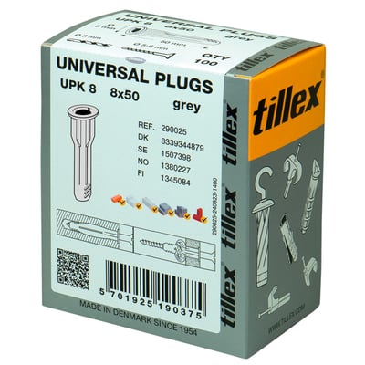 Pakke med 100 stk. Tillex Plugs Uni UPK8 universal plugs i grå farve, 8x50 mm med krave.