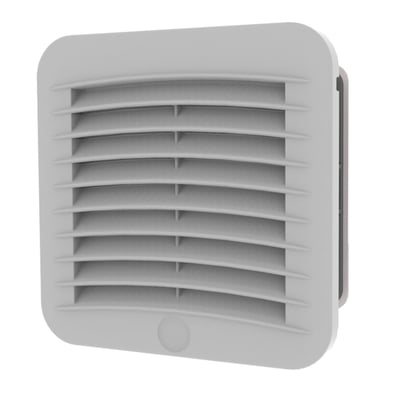 Grå KRYOS3 filterventilator i RAL7035 med 230V strømforsyning og 67m3/h luftmængde, let installation med klemmer.