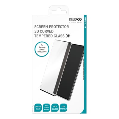 Deltaco skærmbeskyttelse til Samsung Galaxy Note 20 Ultra, 3D Curved tempered glass 9H, vist på emballage med produktinformation.