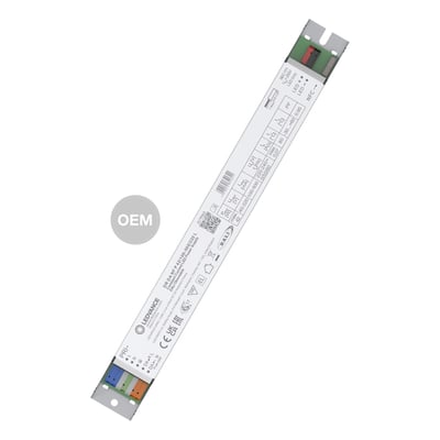 Ledvance LINEAR LED-driver på 42 W med DALI og NFC, aflangt hvidt kabinet og farvede tilslutningsklemmer i enderne.