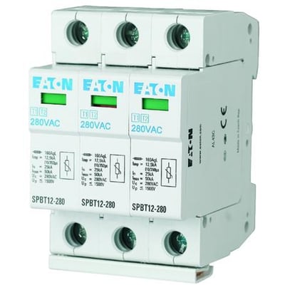 Eaton transientbeskyttelse, 3-polet modul til din skinne, 280VAC og 25kA, vist på hvid baggrund.