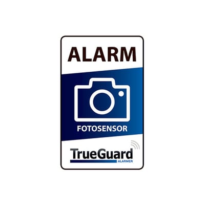 Enkelt TrueGuard foto alarm klistermærke med "ALARM FOTOSENSOR" og TrueGuard logo, designet til vinduer.