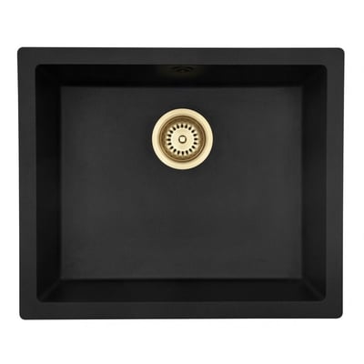 Lavabo Jupiter 600 UN køkkenvask i sort komposit med firkantet kumme og messingfarvet afløb.