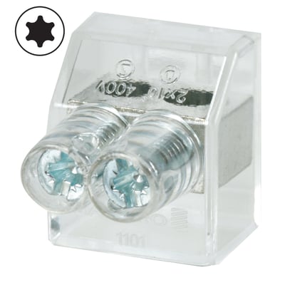 Klar dobbelt samlemuffe til 10 mm² ledning med Torx10 kærv, viser to skruer og en solid metalforbindelse indeni.