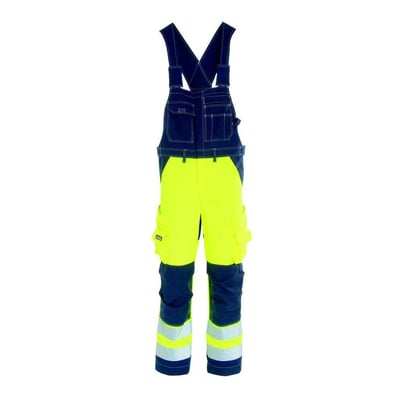 Tranemo Workwear flammehæmmende Hi-Vis overall 5840 i gul og mørkeblå med flere lommer og reflekterende detaljer.