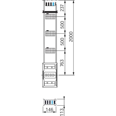Schneider Electric Canalis KSA stigeledningsskinne teknisk tegning med mål. Viser skinne 2m lang, 1000A, 3L+N+PE.