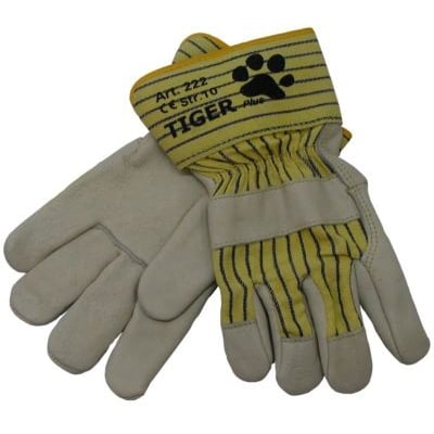 OS Tiger Plus 8 arbejdshandsker i størrelse 8, fremstillet af læder og stof med gule striber og sort pote-print på håndleddet.