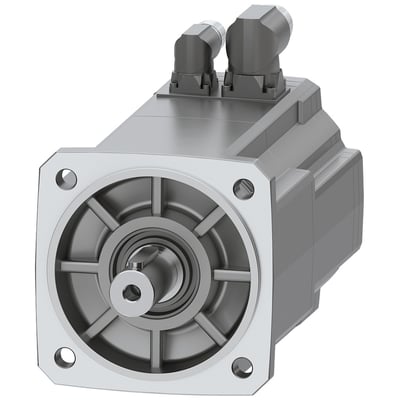 Siemens SIMOTICS S-1FK2 CT servomotor med 6,5 Nm moment og en 24mm aksel med fjernøgle, vist med to vinklede stik.