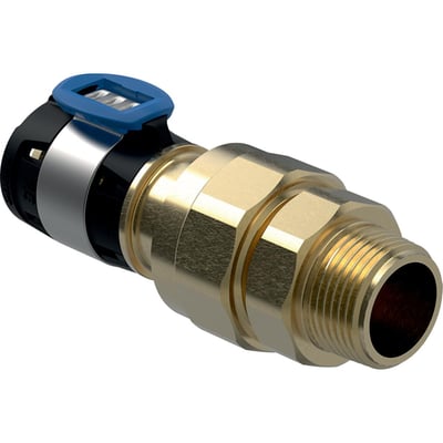 3D-rendering af Geberit FlowFit union i poleret bronze, med blå klik-mekanisme og gevindtilslutning.