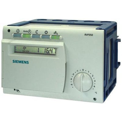 Siemens RVP350 varmeregulator til 1 varmekreds og varmt brugsvand, vist med temperaturvælger og digitalt display.