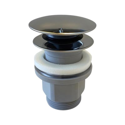 Detaljeret billede af Ideal Standard push open bundventil, der viser krom topcover og grå plastdel med hvid tætningsring.