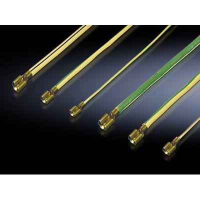 Rittal VX IT standard potentialudligningssæt vist i forskellige længder med messingterminaler og gul-grønne isoleringskapper.