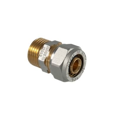 Nippelovergang af messing og aluminium med 16 mm kompressionsfitting og 1/2" gevind, fremstillet i Italien.