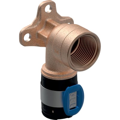 Detaljeret rendering af Geberit FlowFit dækvinkel 90°, visende det blyfri rødgods materiale og 1/2" muffegevind.