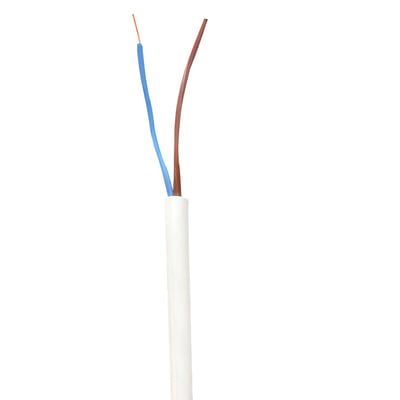 Hvid plastkappeledning H05 VV-F 2x1,50, der viser de afisolerede blå og brune ledere mod en hvid baggrund.