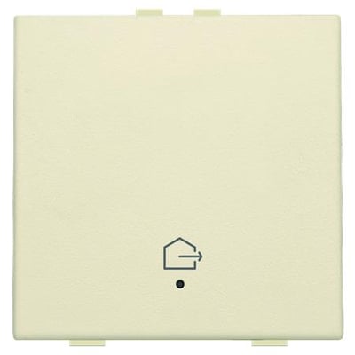 Nærbillede af et creme Niko Home Control betjeningsstryk med 'forlad hjem' symbol og integreret sensor.