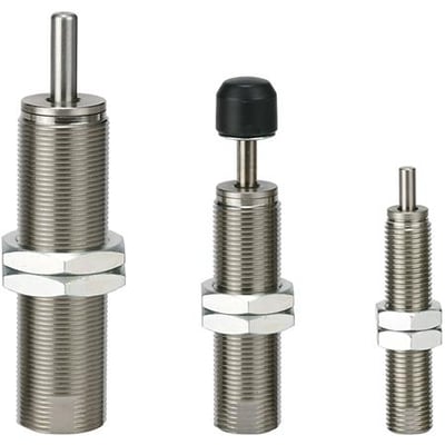 SMC RJ2015HU støddæmpere i tre forskellige størrelser, med synlige gevind og spændeskiver, vist på hvid baggrund.