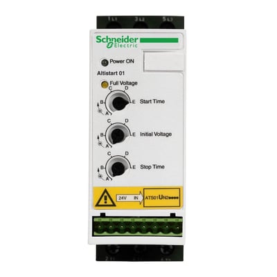 Schneider Electric Altistart U01 softstarter med 'Power ON' LED og justeringsknapper for starttid, spænding og stoptid.