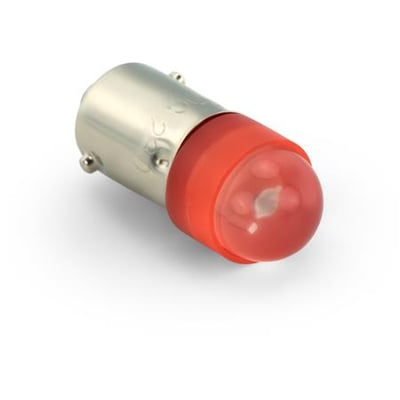 Rød LED pære med BA9S sokkel, 10x25 mm, 230V AC/DC, vist på hvid baggrund.