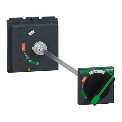 Nærbillede af Schneider Electric drejegreb og dørk, viser den sorte betjeningsknap og grønne Schneider Electric logo.