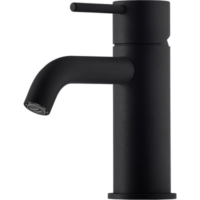 Mora Inxx II Soft Small håndvaskarmatur i mat sort finish, med et elegant og minimalistisk design, præsenteret på hvid baggrund.