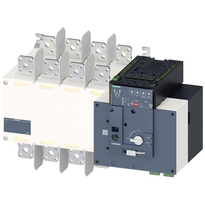 Siemens SENTRON 3KC8 ATSE overførsel kontakt, 4-polet, 1000A, med sort kontrolmodul og grå/hvid hovedenhed på isoleret baggrund.
