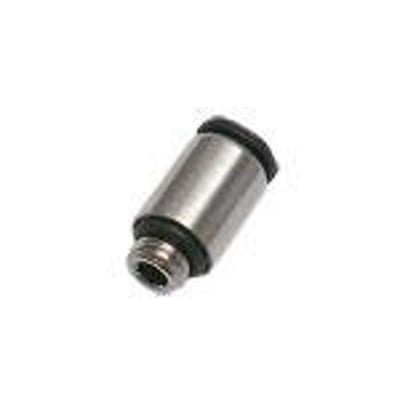Parker Legris enkelt union, lige push-in fitting med 4 mm slange og M5 udvendig gevind, fremstillet i forniklet messing på hvid baggrund.