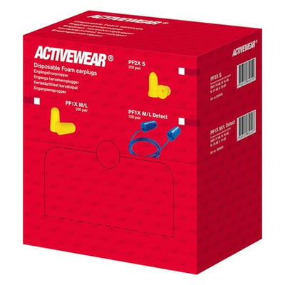 Rød emballage til Activewear AW PF2X S gule ørepropper med trykte illustrationer af propperne.