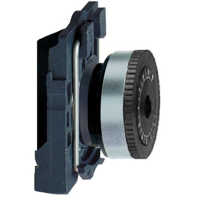 Schneider Electric potentiometergreb ZB5AD922 i sort plast med en sølvfarvet ring og hvid baggrund.