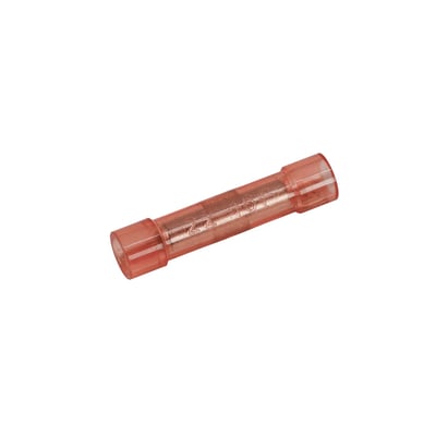 Rød, isoleret samlemuffe fra Elpress, model A1525SK, til Cu-ledere på 0,5–1,5 mm², set skråt fra siden.