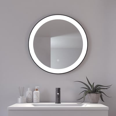 Rundt Libra spejl med lys, 60 cm i diameter og sort, slank ramme. Spejlet er monteret over en vask med en moderne vandhane og tilbehør.