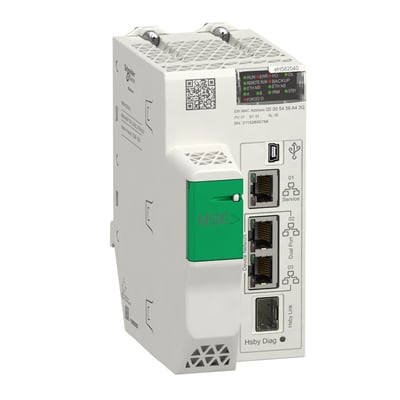 Schneider Electric M580 Hotstandby CPU med 8 MB hukommelse og udvidet miljøbeskyttelse. Produktet er hvidt med grønne detaljer og har porte til netværk og service.