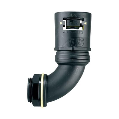 Thomas & Betts Adaptalok ATS 90° albuefitting med fast udvendigt gevind til 16 mm rør, set fra siden i sort med gul ring.